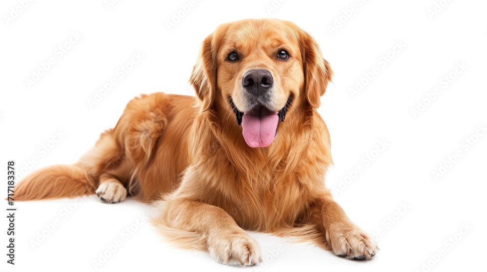 Happy sitting and panting Golden retriever dog looking at camera, Isolated on white