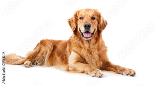 Happy sitting and panting Golden retriever dog looking at camera  Isolated on white