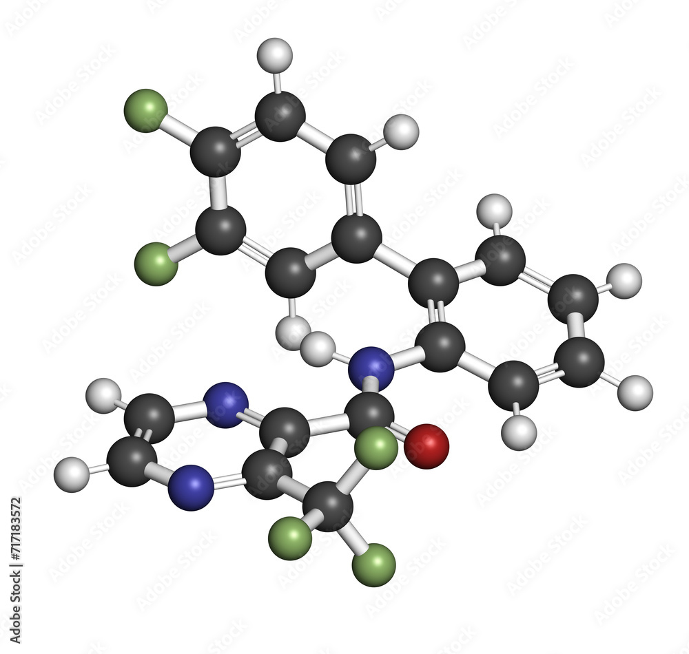 Pyraziflumid fungicide molecule. 3D rendering. Pyraziflumid fungicide molecule. 3D rendering.