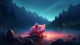 A pig is sitting on the river bank neon illustration Ai generated art