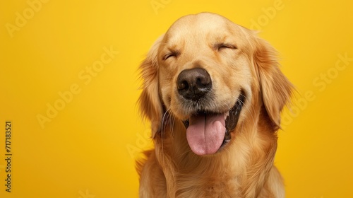 Happy smiling golden retriever dog blinking eye yellow background studio shot photo
