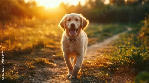 little cute puppy old dog golden retriever walks in the park on a walk in the summer at sunset