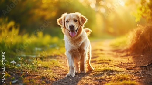 little cute puppy old dog golden retriever walks in the park on a walk in the summer at sunset