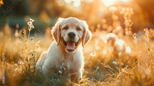 little cute puppy old dog golden retriever walks in the park on a walk in the summer at sunset