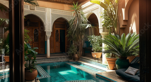 Patio with swimming pool in luxury riad in Morocco