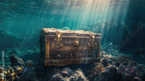 Open treasure chest sunken at the bottom of the sea / high contrast image © buraratn