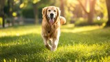 Smiling Face Cute Lovely Adorable Golden Retriever Dog Walking in Fresh Green Grass Lawn in the Park
