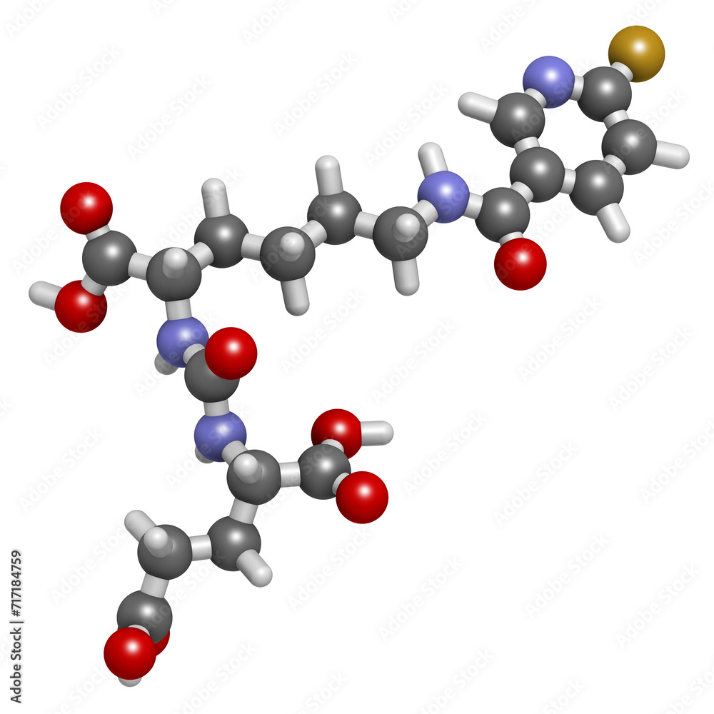 Piflufolastat F-18 radioactive diagnostic molecule. 3D rendering. Piflufolastat F-18 radioactive diagnostic molecule. 3D rendering.