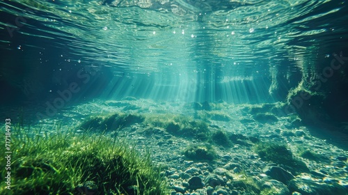Spring water. Underwater freshwater. Mysterious freshwater river. photo