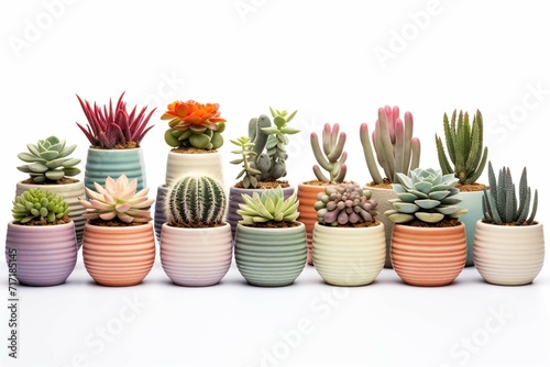 Group of various indoor cacti and succulent plants in pots isolated on a white background photo