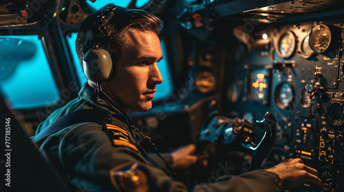 Professional half-body portrait of male pilot in a cockpit, AI Generated
