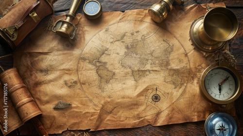 Vintage map and accessories for the treasure hunt and travel