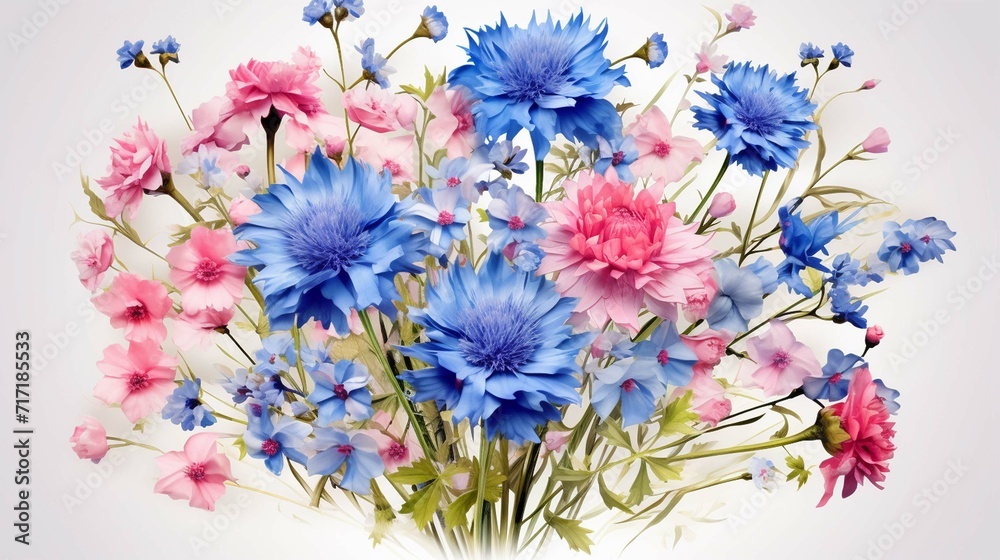 Happy birthday card with greeting words and bouquet of blue cornflower and pink flowers