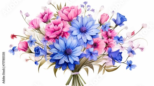 Happy birthday card with greeting words and bouquet of blue cornflower and pink flowers