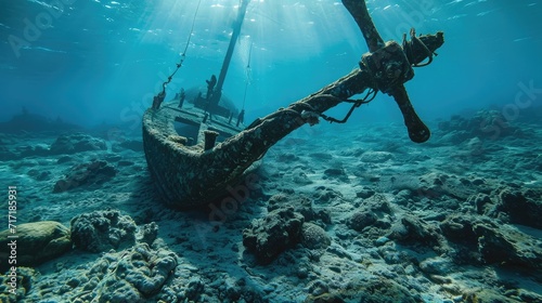 Anchor of old ship underwater on the bottom of the ocean