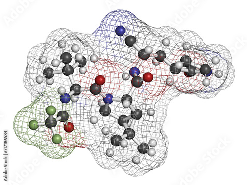 Nirmatrelvir (PF-07321332) antiviral drug molecule. 3D rendering.