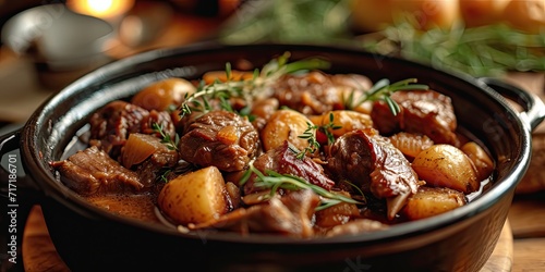 French Rabbit Stew Charm. Dive into A Culinary Symphony of Tender Meat and Rich Sauce Captured in a Visual Feast. Picture the French Rabbit Stew Charm in a Cozy French Countryside Kitchen