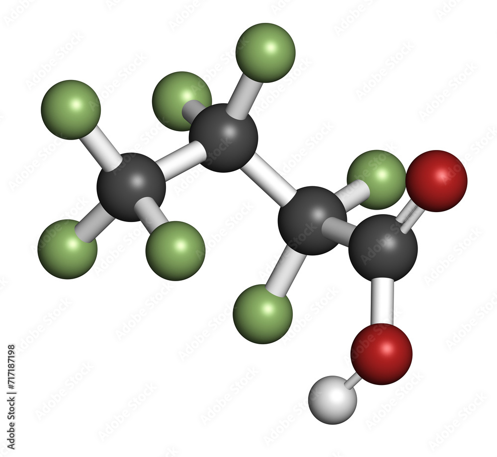 Obraz premium Perfluorobutanoic acid molecule. Also now as heptafluorobutyric acid (HFBA). 3D rendering.