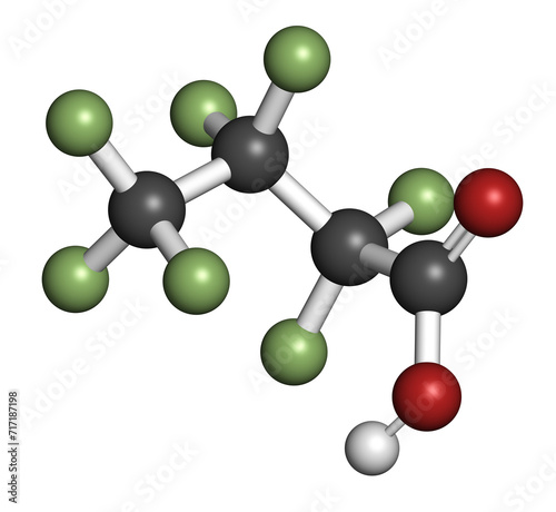 Perfluorobutanoic acid molecule. Also now as heptafluorobutyric acid (HFBA). 3D rendering.