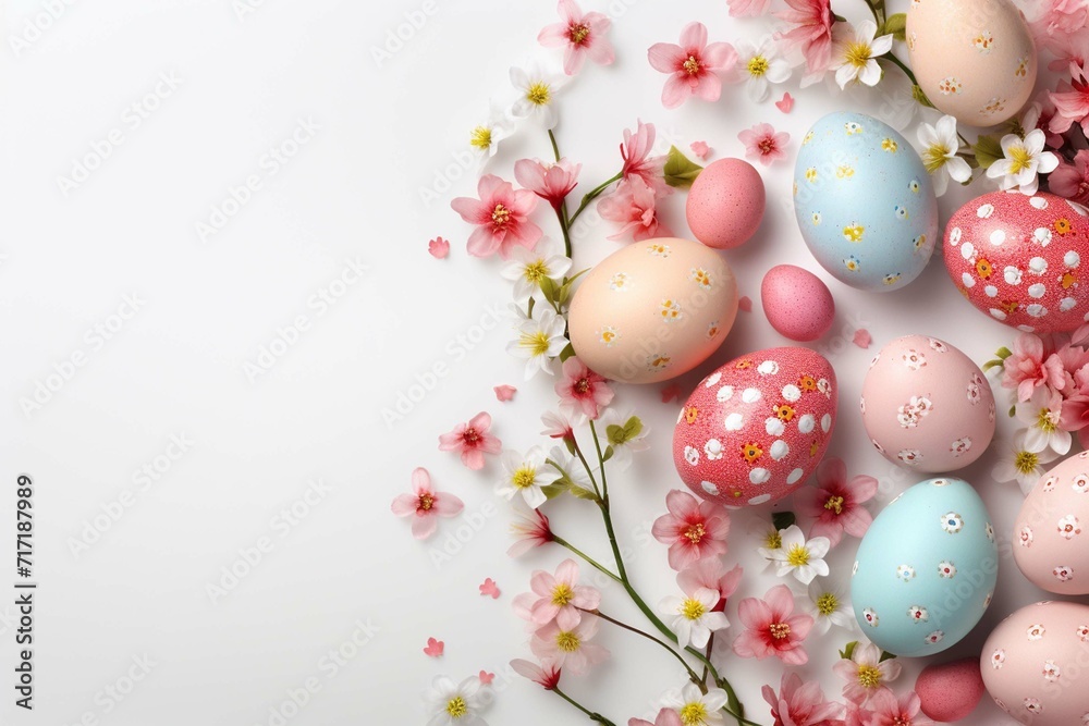 
Happy Easter! Colorful Easter eggs with blossoms and spring flowers. flat lay on light background. Stylish tender spring template with space for text. Greeting card or banner