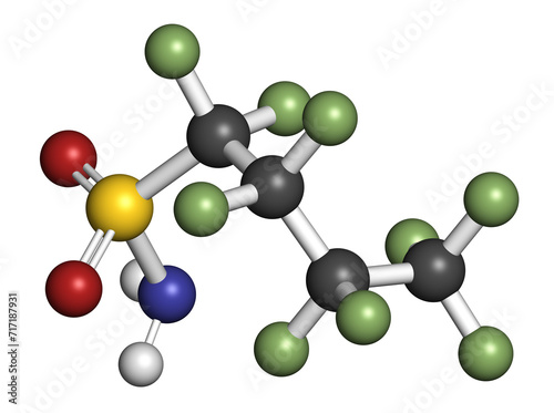 Perfluorobutane sulfonamide molecule. 3D rendering.