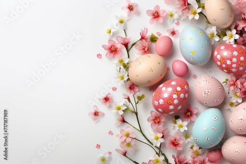  Happy Easter! Colorful Easter eggs with blossoms and spring flowers. flat lay on light background. Stylish tender spring template with space for text. Greeting card or banner