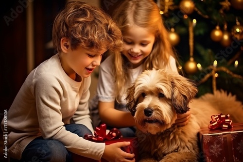 Happy Little Family Exchanging Gifts on Christmas Eve: Brother and Sister Receiving their Gifts. Happy Children Getting New Toys from Mom and Dad, with Family Dog Sharing the Moment photography
