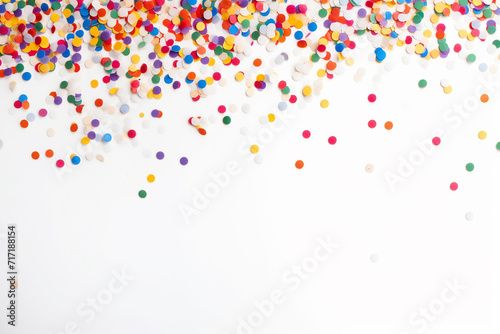Colorful scattered confetti on a white background.