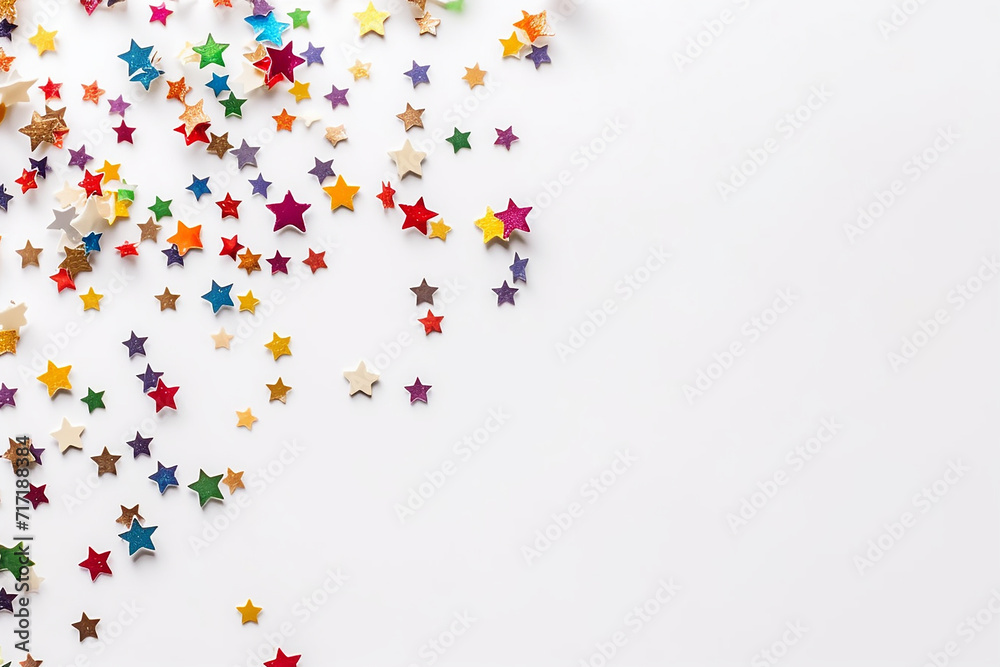 Multicolored paper stars scattered on a white background.