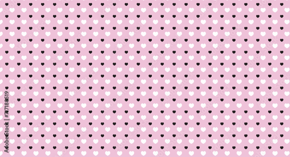 Hearts pattern. White and black hearts on pink background.