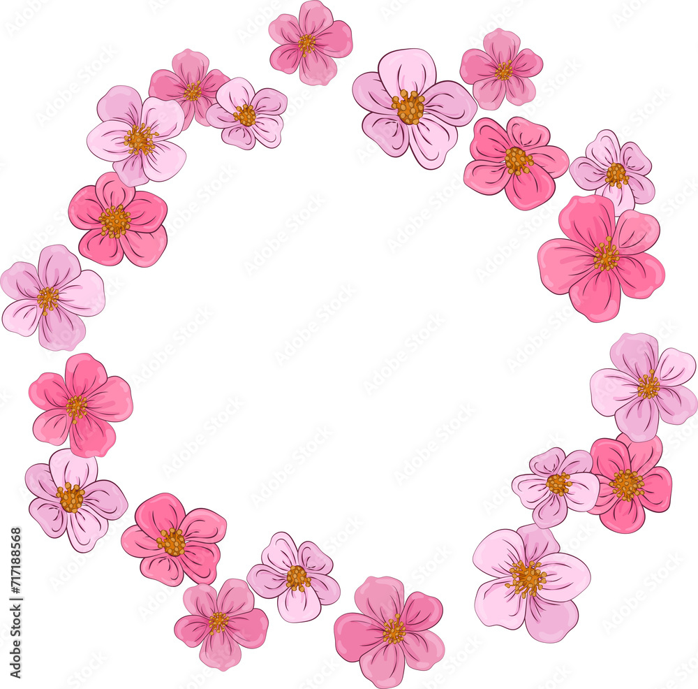 spring wreath in cartoon style. Bright floral wreath. Blooming colored flowers as a symbol of happiness, joy, love. for invitations, cards, banners, weddings. on transparent, png