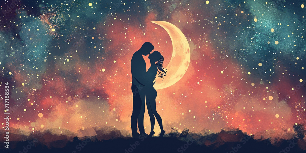 A silhouette of a couple embracing against a cosmic backdrop with a crescent moon, surrounded by a starry sky transitioning from deep blue to fiery orange. A silhouette of a couple embracing against a cosmic backdrop with a crescent moon, surrounded by a starry sky transitioning from deep blue to fiery orange.
