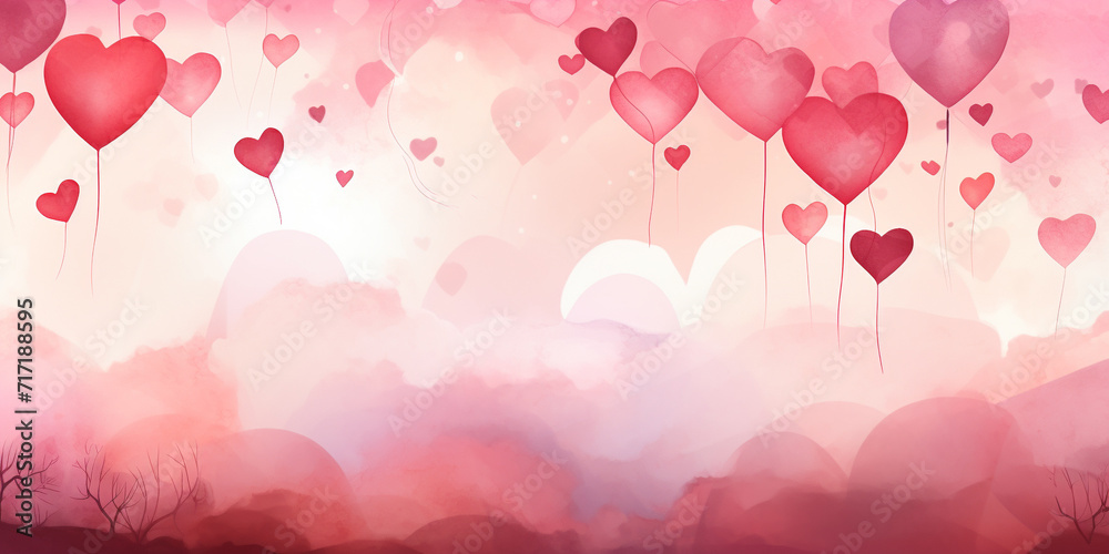 Dreamy Valentine's Day landscape banner filled with heart-shaped balloons floating in a misty, pink-hued sky above soft, rolling clouds.
