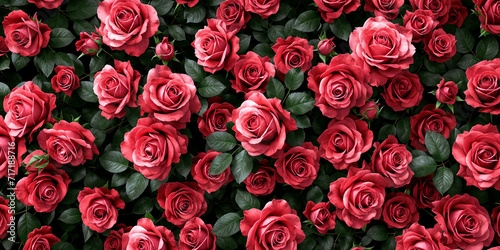 Large group of red roses with green leaves in the background. The roses are of varying sizes and are spread across the entire image