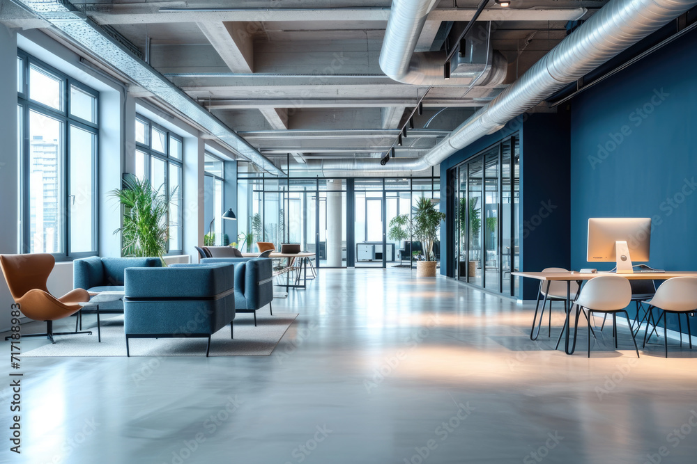 The interior of the workspace is an open space in the midnight blue color scheme, with natural lighting The interior of the workspace is an open space in the midnight blue color scheme, with natural lighting