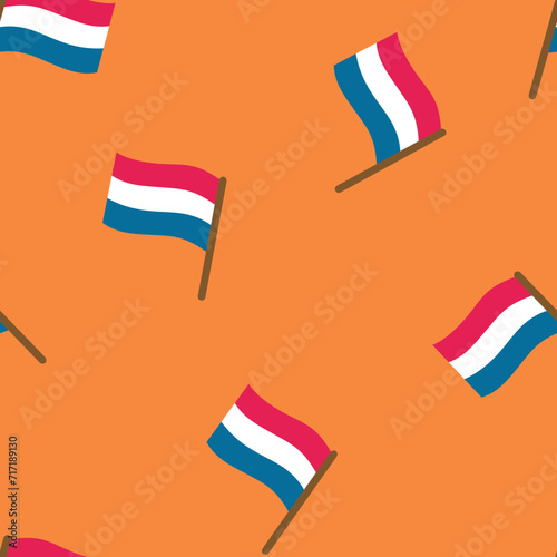 Dutch flag seamless pattern.  Flags of the Netherlands on orange background. Koningsdag (King's Day) celebration theme. Vector illustration. 