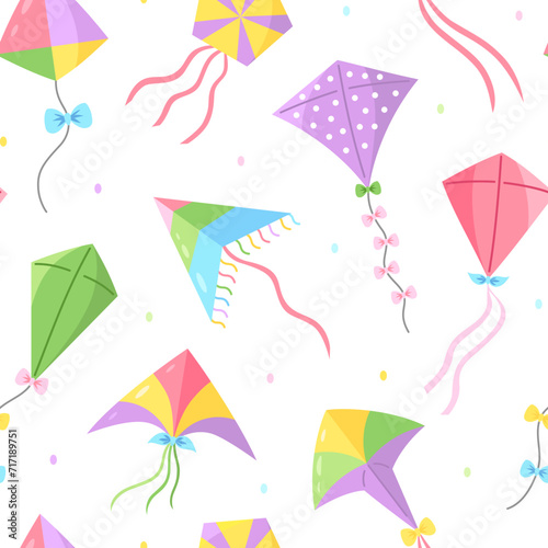Flying kites seamless pattern. Cute wallpaper for kids with different wind paper toys on white background. Summer outdoor activities or Makar Sankranti celebration theme. Vector cartoon illustration.
