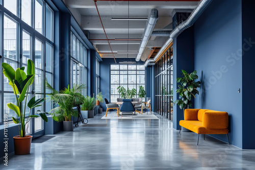Workspace interior: Bright, inviting office space designed in midnight blue color scheme, reflecting positivity and energy, natural light photo