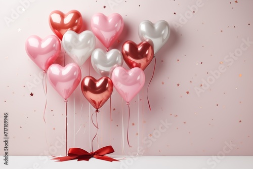 beautiful balloons on pink background, heart shaped balloons in pink, red and silver colors, magical atmosphere for birthday or Valentine's Day celebration