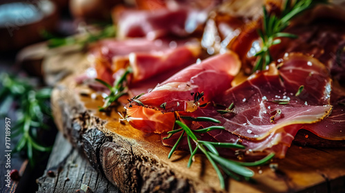 Slices of delicious cured ham and rosemary on a wooden board. photo