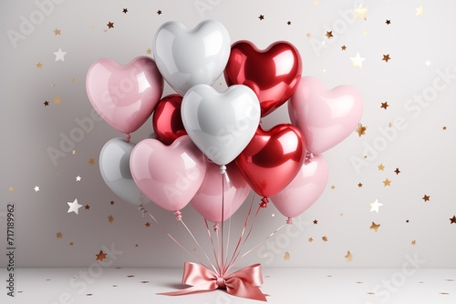 Photo shoot with heart shaped balloons in pink, red and silver colors, magical atmosphere for birthday or Valentine's Day celebration beautiful balloons with red bow