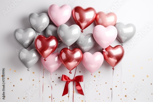 heart balloons, satin bow and backgroun Photo shoot with heart shaped balloons in pink, red and silver colors, magical atmosphere for birthday or Valentine's Day