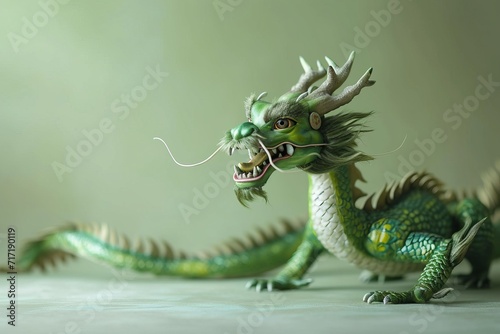 A fierce and detailed Eastern dragon in a dynamic stance, with intricate scales and a striking gaze, set against a muted green background