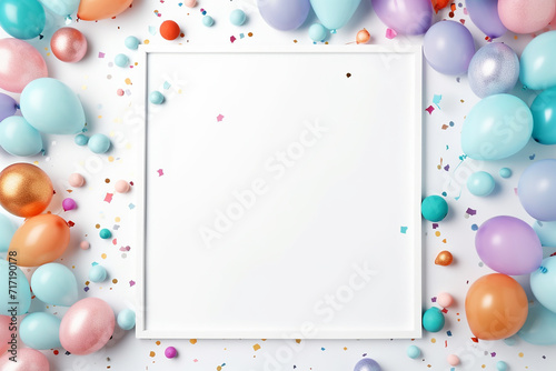 A blank mock up canvas or frame surrounded by colorful balloons and confetti suggests celebration or party invitation