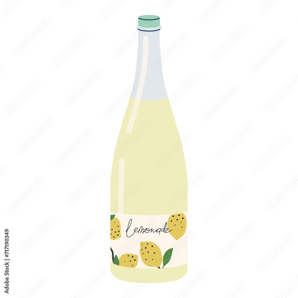 Lemonade glass bottle. Cold summer drink, lemonade, refreshment with lemon flavor, lemony soda beverage. Organic cooling carbonated fruity water. Flat vector illustration isolated on white background. Lemonade glass bottle. Cold summer drink, lemonade, refreshment with lemon flavor, lemony soda beverage. Organic cooling carbonated fruity water. Flat vector illustration isolated on white background.