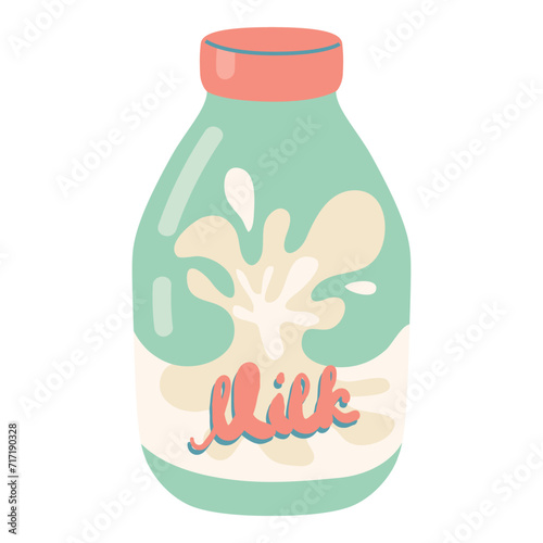 Milk bottle. Little bottle of cow milk or vegan plant-based milk, cashew, soya, oatmeal, almond, or coconut milk. Vector hand drawn cartoon dairy product bottle illustration on white background.