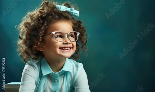 Portrait of a beautiful young girl with curly hair and glasses on a blue background Generative artificial intelligence