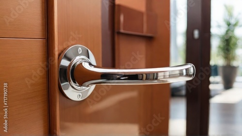 Close up of stylish silver  chrome door handle on modern interior door. Stylish light brown door with frosted glass inserts. Concept of catalog of door handles for furniture store.
