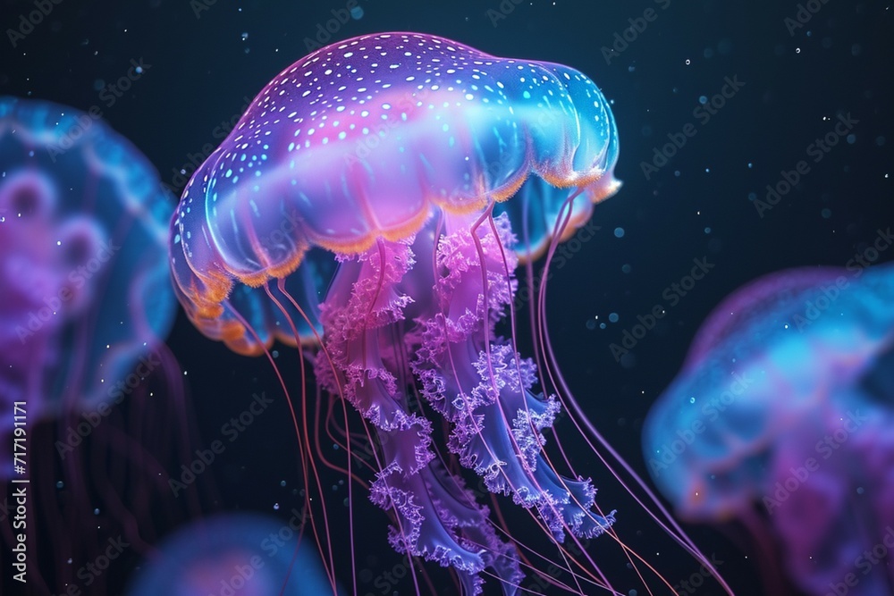 Mesmerizing underwater scene jellyfish glow in the poisonous ocean depths Mesmerizing underwater scene jellyfish glow in the poisonous ocean depths