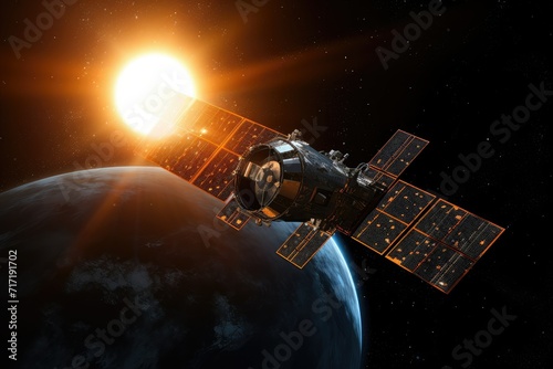 Satellite in space. 3D render. planet earth and sun view from satellite. the satellite in space with earth and sun background. space exploration.
